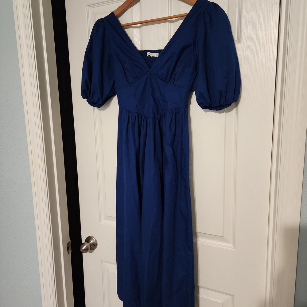Abercrombie & Fitch Royal Blue Midi Dress with Puff Sleeves